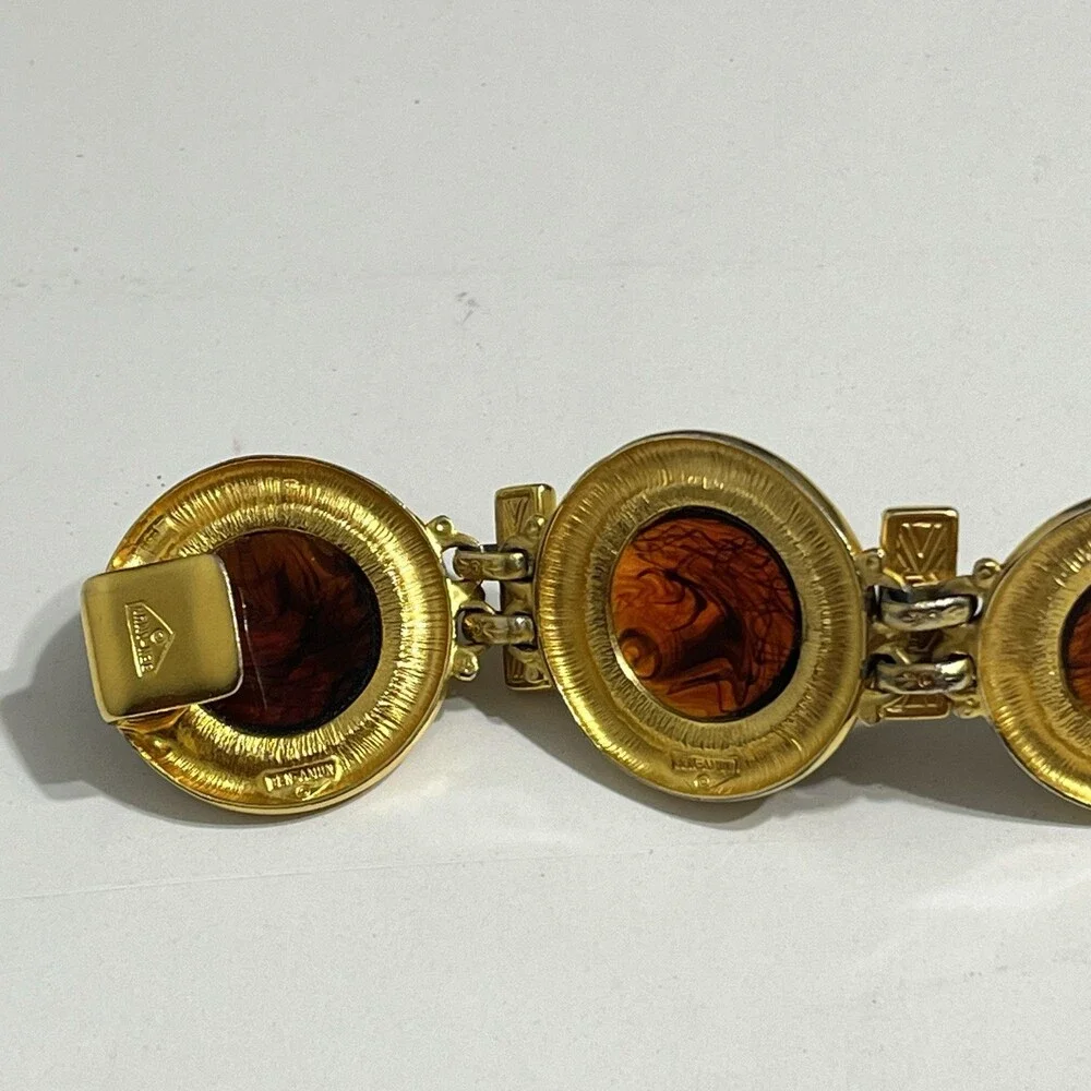 VTG Ben Amun Belt 24K Gold Plated Amber Resin Cabochon Leather Cinch 27
